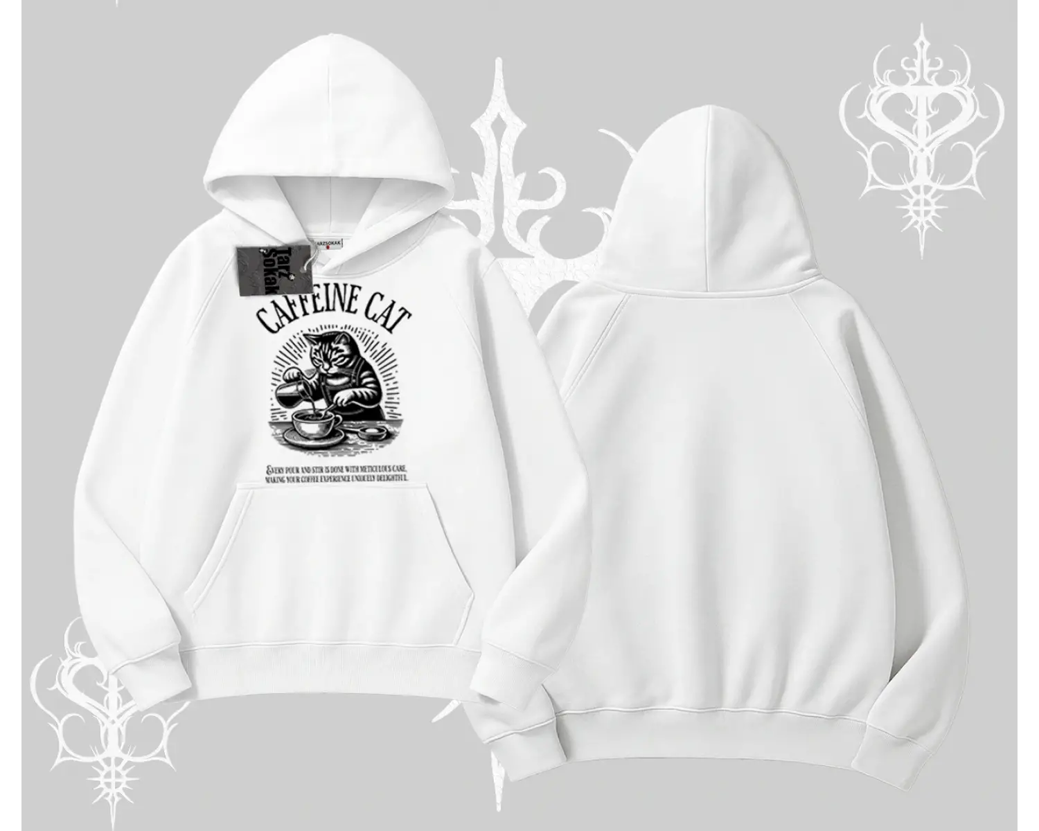 Kapşonlu Sweatshirt Caffeine Cat Kahve Temalı Kedi Baskılı