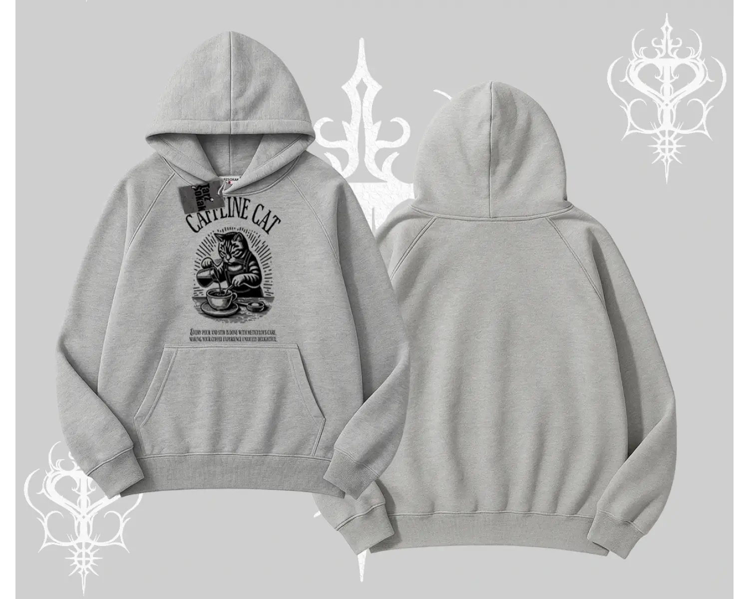 Kapşonlu Sweatshirt Caffeine Cat Kahve Temalı Kedi Baskılı