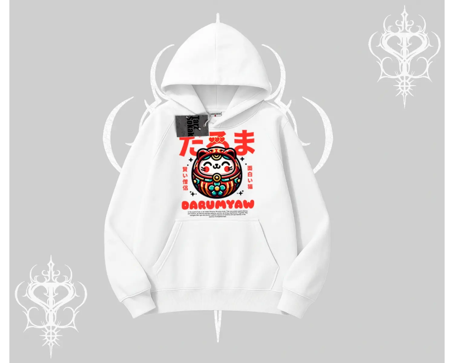 Kapşonlu Sweatshirt Daruma Kedi Anime Baskılı