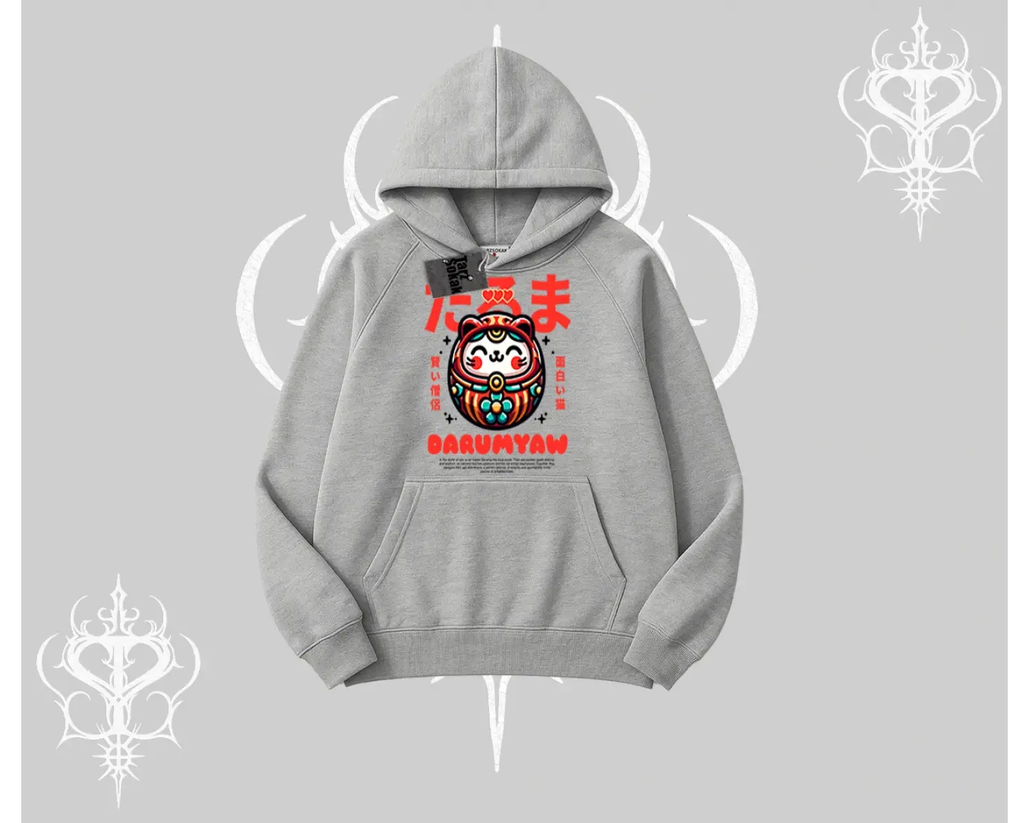 Kapşonlu Sweatshirt Daruma Kedi Anime Baskılı