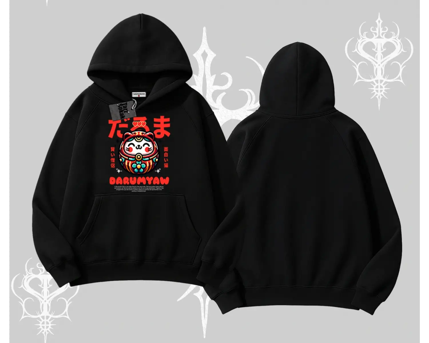 Kapşonlu Sweatshirt Daruma Kedi Anime Baskılı