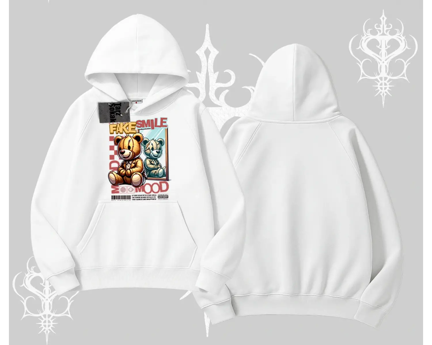 Kapşonlu Sweatshirt Fake Smile Mood Ayıcık Grafik Baskılı