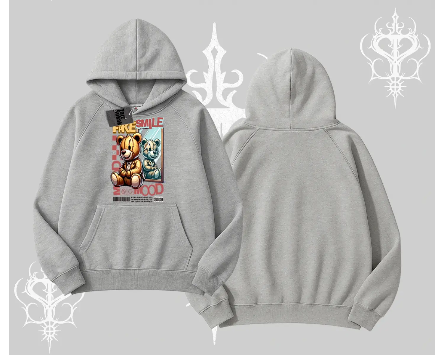 Kapşonlu Sweatshirt Fake Smile Mood Ayıcık Grafik Baskılı