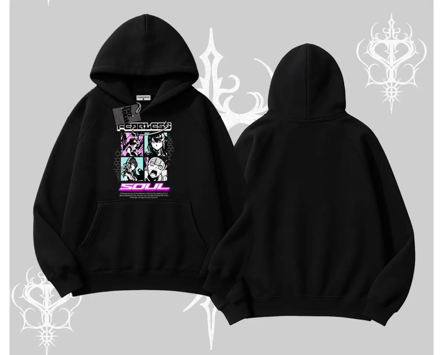 Kapşonlu Sweatshirt Fearless Soul Anime Kolaj Baskılı