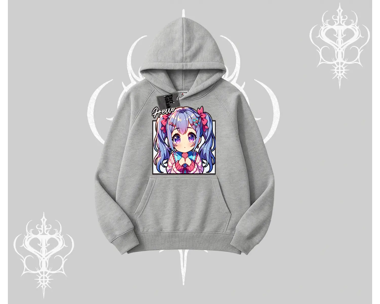 Kapşonlu Sweatshirt Hello Anime Kız Sevimli Karakter Baskılı