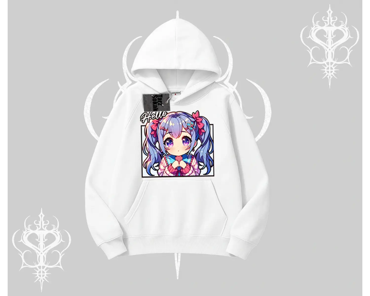 Kapşonlu Sweatshirt Hello Anime Kız Sevimli Karakter Baskılı