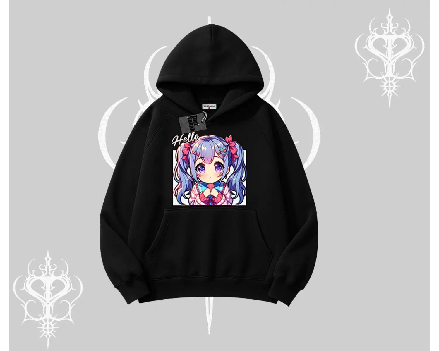 Kapşonlu Sweatshirt Hello Anime Kız Sevimli Karakter Baskılı