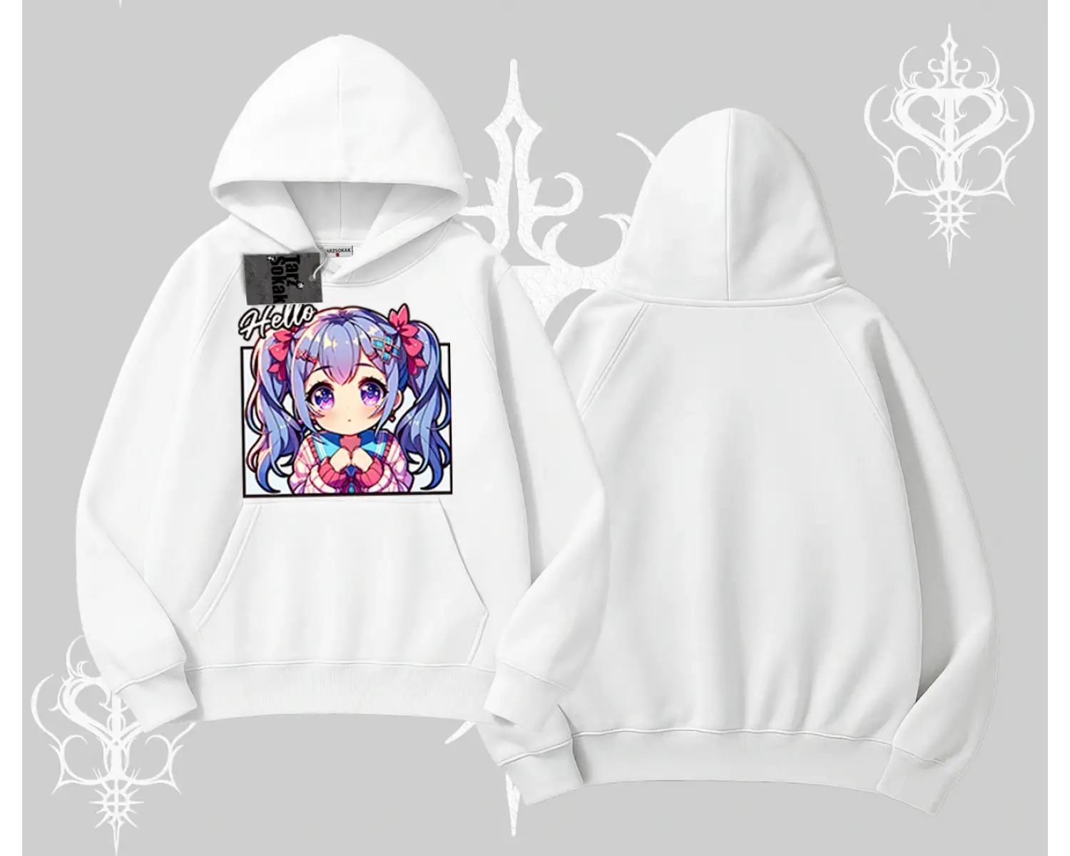 Kapşonlu Sweatshirt Hello Anime Kız Sevimli Karakter Baskılı