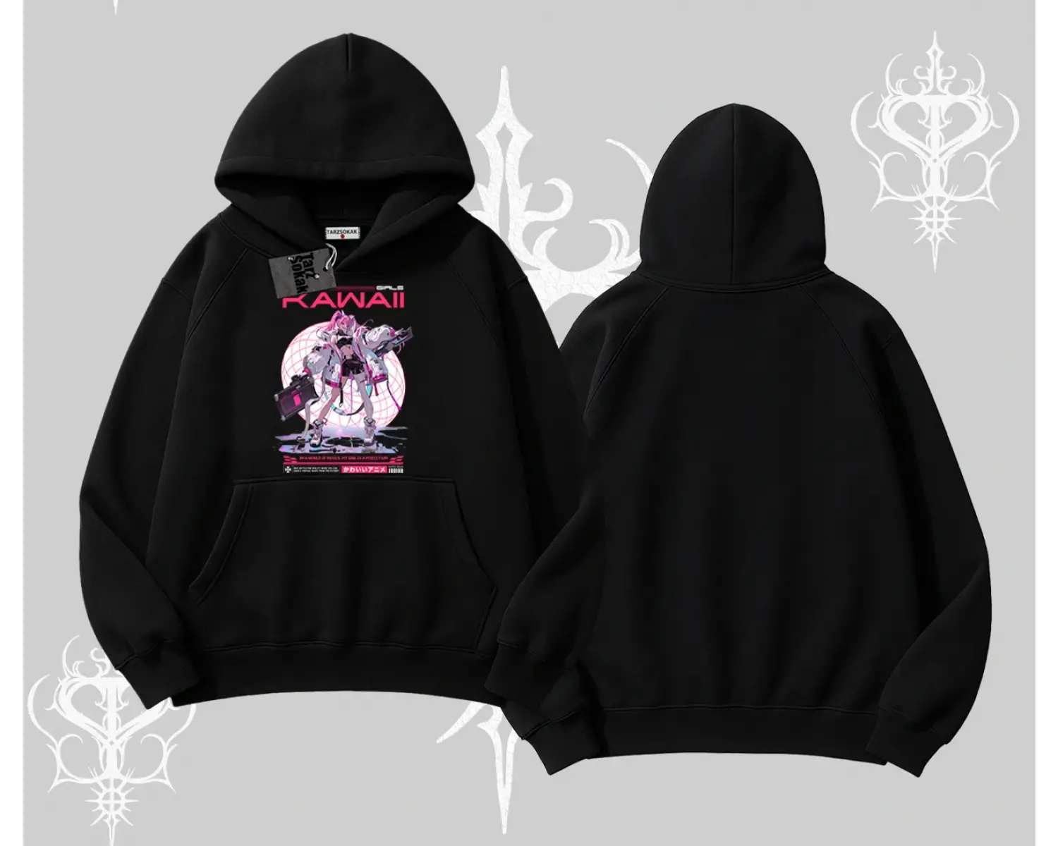 Kapşonlu Sweatshirt Kawaii Cyberpunk Kız Japon Stil Baskı
