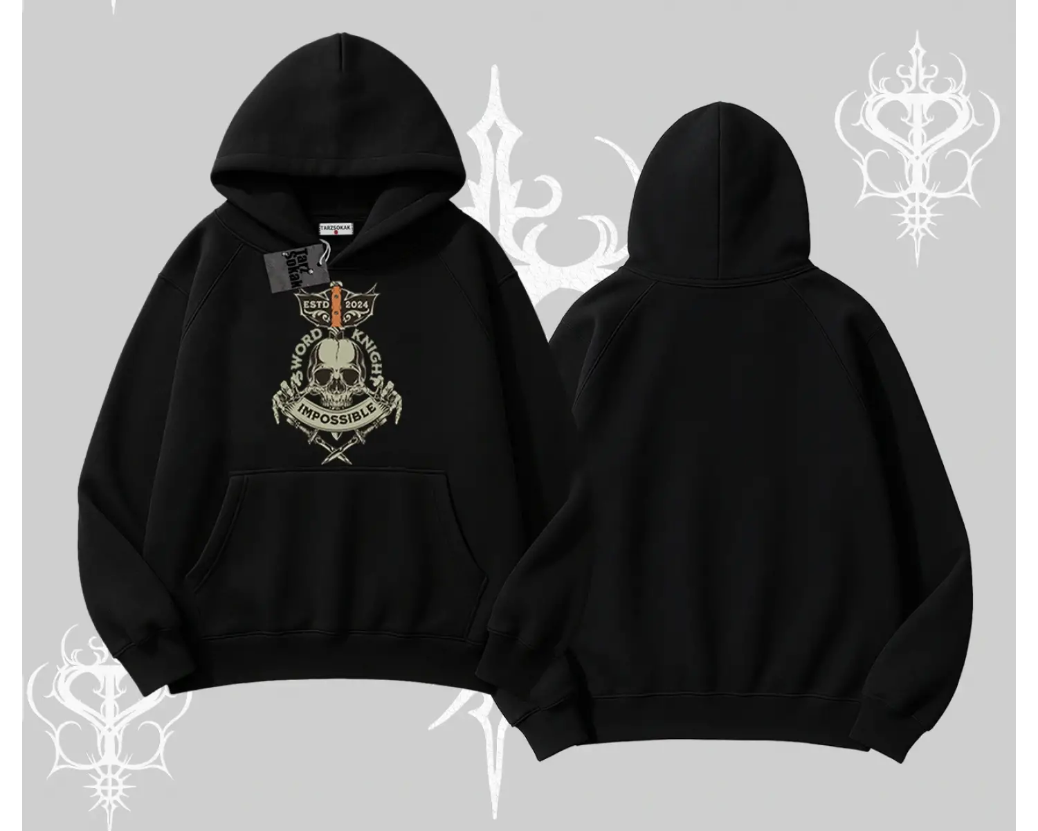 Kapşonlu Sweatshirt Sword Knight Skull Impossible Street Creed