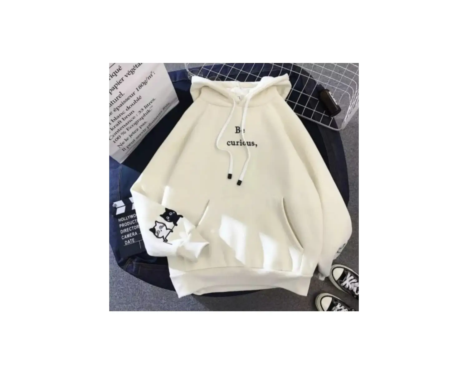 Kapüşonlu Be Curıous Kedicik Kol Baskılı 3 Iplik Tam Kışlık Oversize Kadın Sweatshı Beyaz