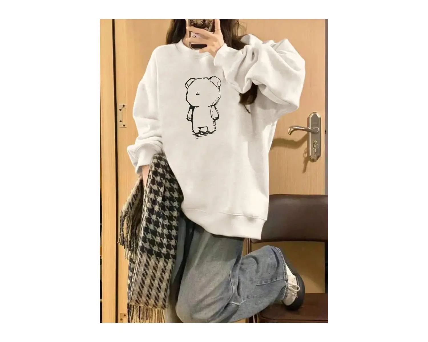 Karikatür Ayı Desenli Damla Sweat Beyaz