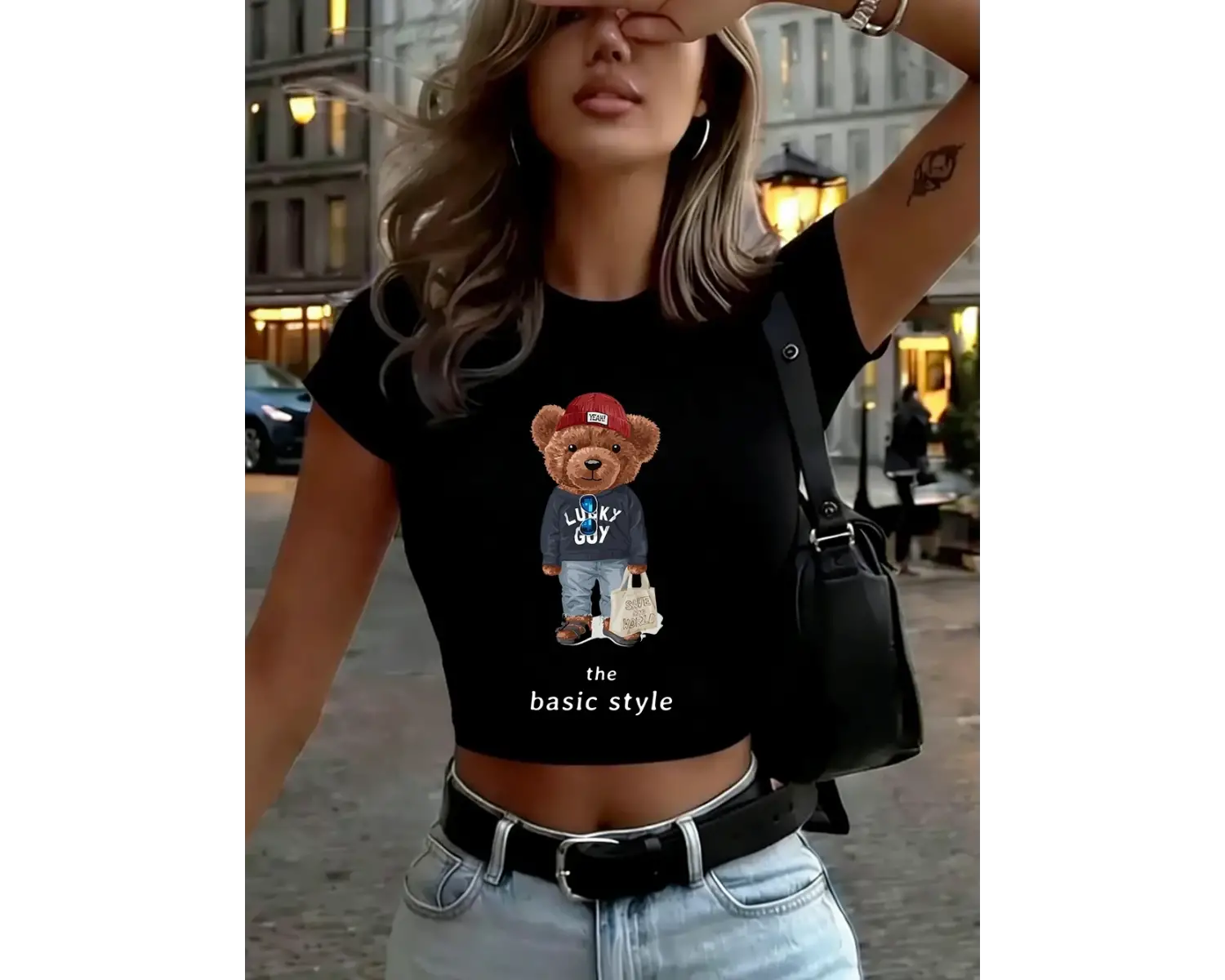 Karikatür ayılar için kıyafetler baskılar kadın kırpma tişörtleri yaz yüksek elastik yumuşak