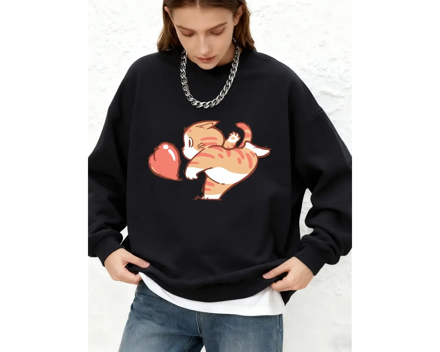 Karikatür Kedi Kırmızı Aşk Baskılı Kapüşonlu Üstler Kadınlar İçin Kışlık Uzun Kollu Yuvarlak