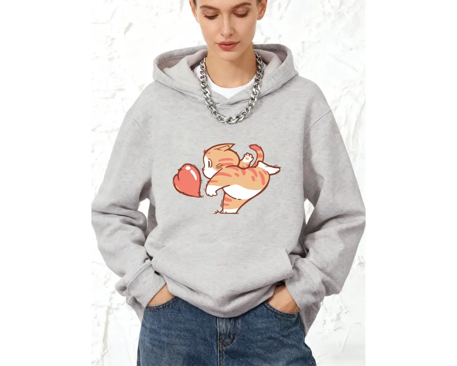 Karikatür Kedi Kırmızı Aşk Baskılı Pamuklu Kapüşonlu Üstler Kadın Spor Bol Sweatshirt Kışlık