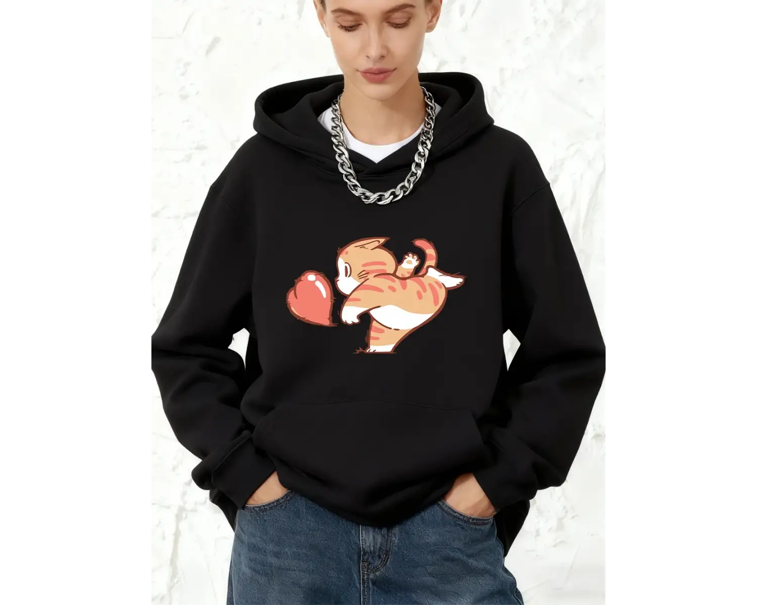 Karikatür Kedi Kırmızı Aşk Baskılı Pamuklu Kapüşonlu Üstler Kadın Spor Bol Sweatshirt Kışlık