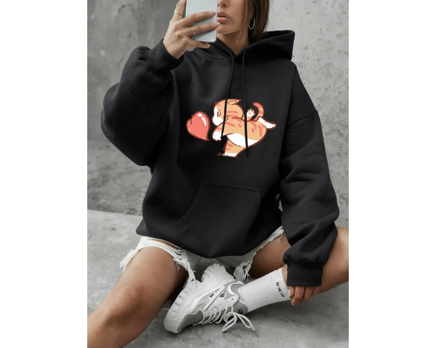 Karikatür Kedi Kırmızı Aşk Baskılı Sweatshirt Kadın Kışlık Polar Sıcak Kapüşonlu Üstler Basit