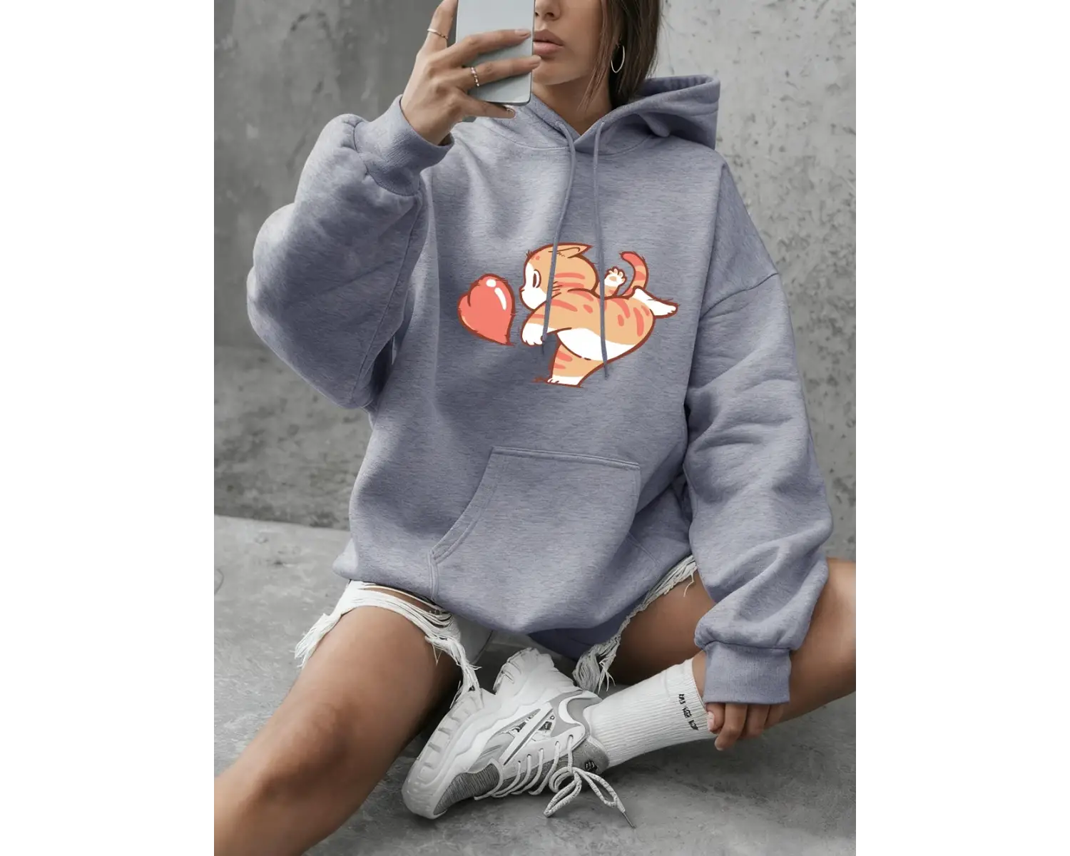 Karikatür Kedi Kırmızı Aşk Baskılı Sweatshirt Kadın Kışlık Polar Sıcak Kapüşonlu Üstler Basit