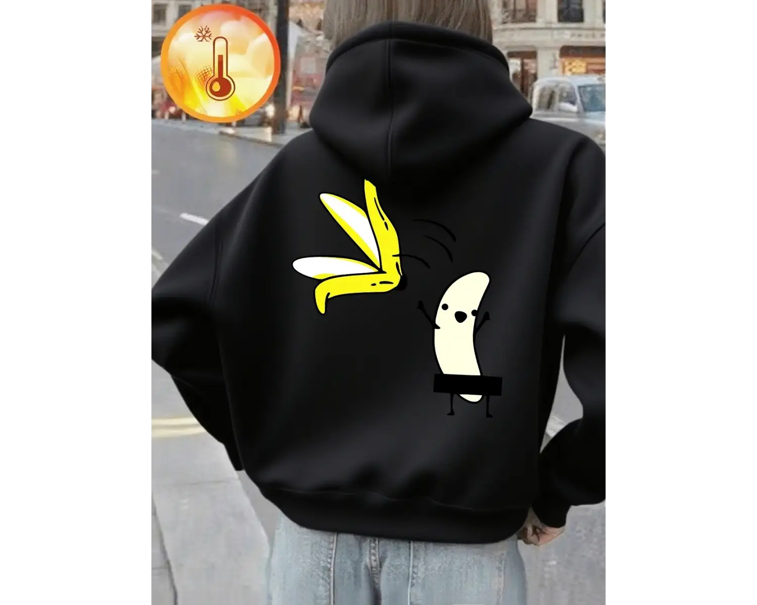 Karikatür Muz Dans Baskı Kapüşonlular Kadın Rahat Gevşek Kazak Kış Polar Sıcak Kazak Temeller