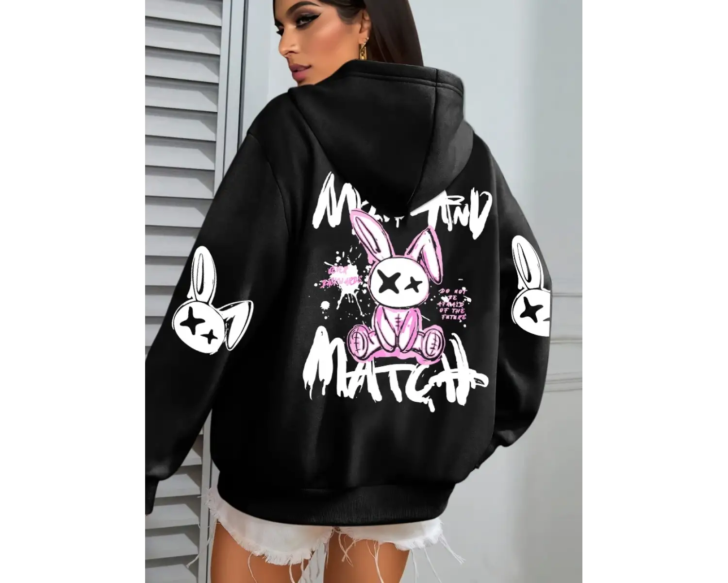 Karikatür tavşan baskılar karıştırın ve eşleştirin kadın kapüşonlu ceket cep streetwear haraj