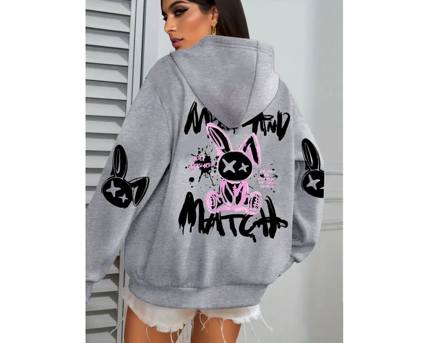 Karikatür tavşan baskılar karıştırın ve eşleştirin kadın kapüşonlu ceket cep streetwear haraj