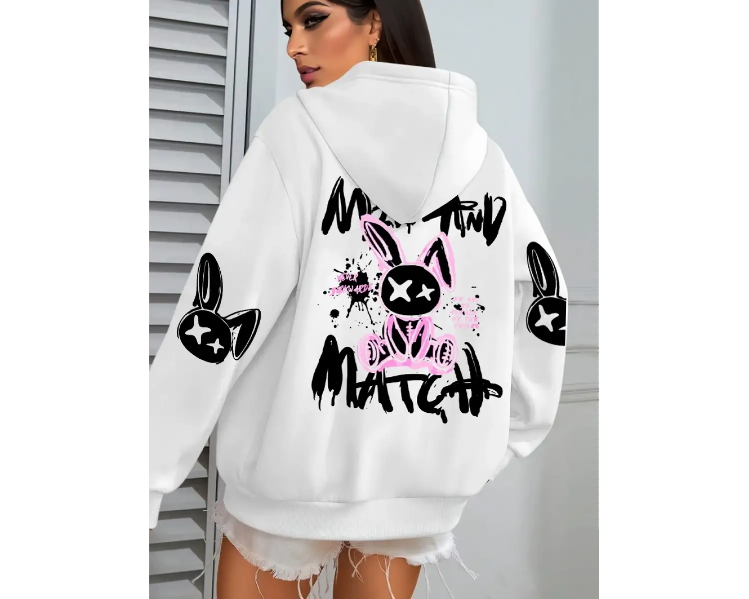 Karikatür tavşan baskılar karıştırın ve eşleştirin kadın kapüşonlu ceket cep streetwear haraj