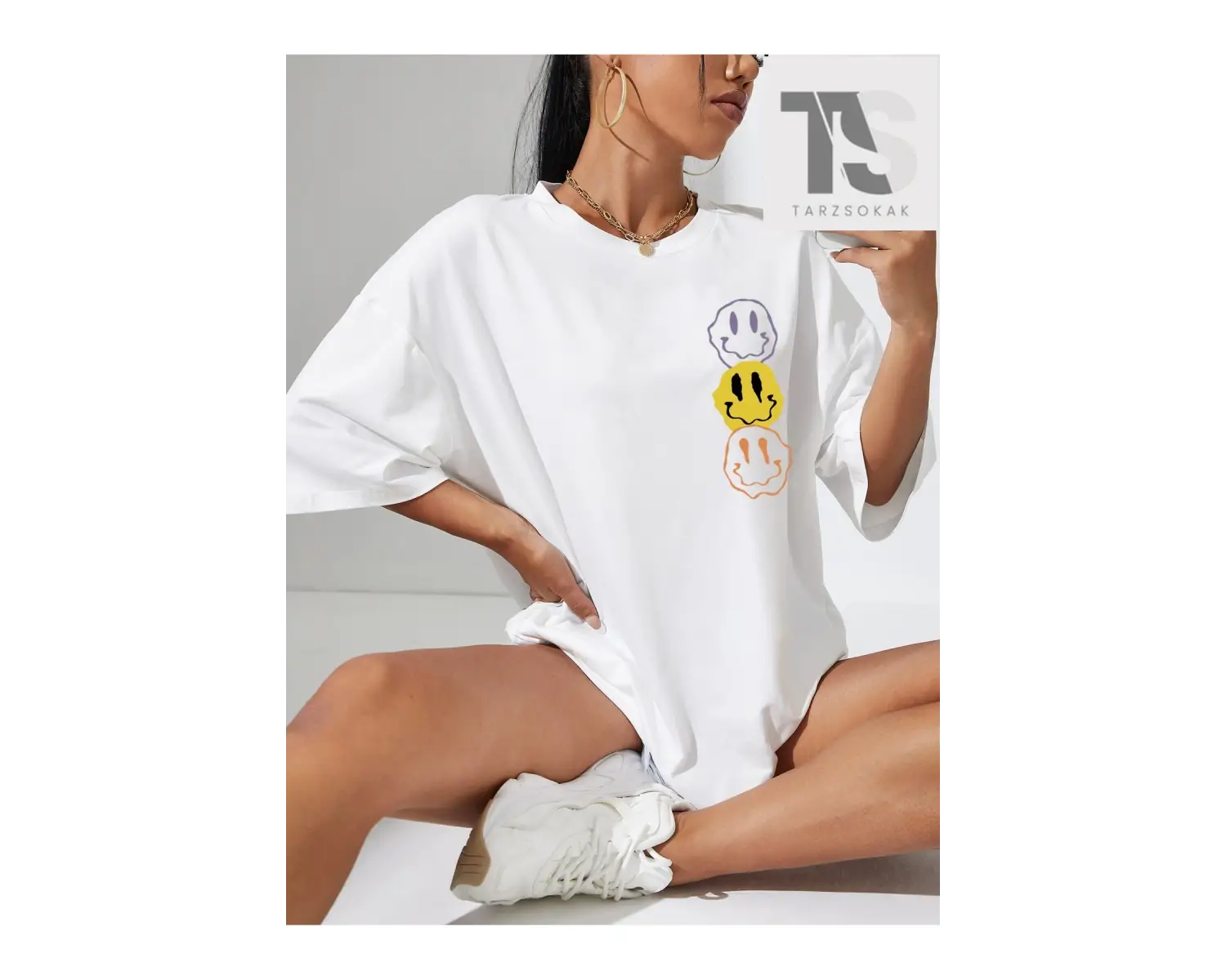 Karikatür Yüz Baskı Damla Omuz Tişört