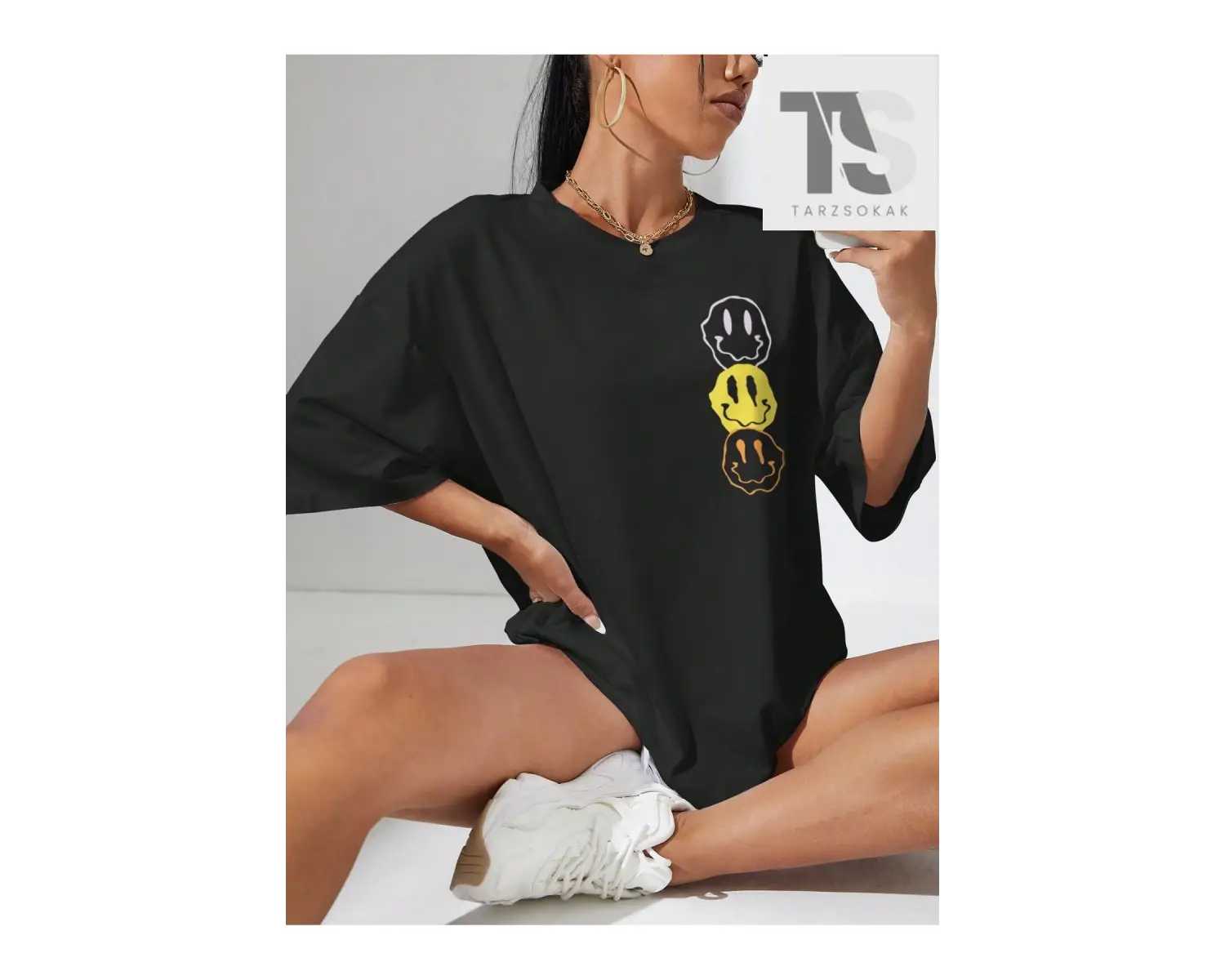 Karikatür Yüz Baskı Damla Omuz Tişört