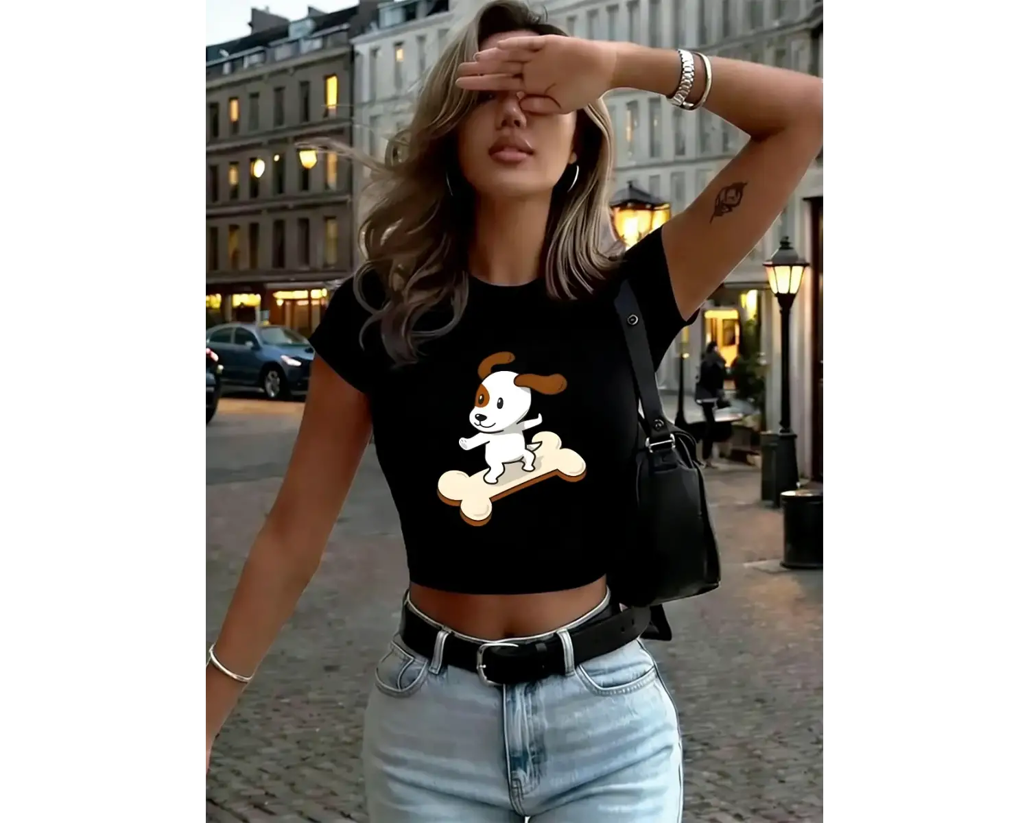 Karikatürler Köpek Baskılar Bayan Kırpma Üstleri Yaz Yüksek Elastik O-Boyun Sokak Şıklığı Y2K