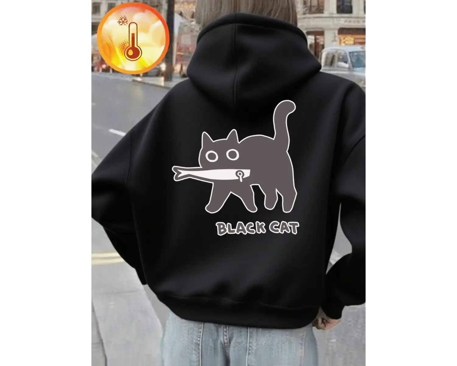 Karikatürler Siyah Kedi Baskılı Kapüşonlular Bayan Kış Polar Sıcak Tişörtü Rahat Gevşek Kazak