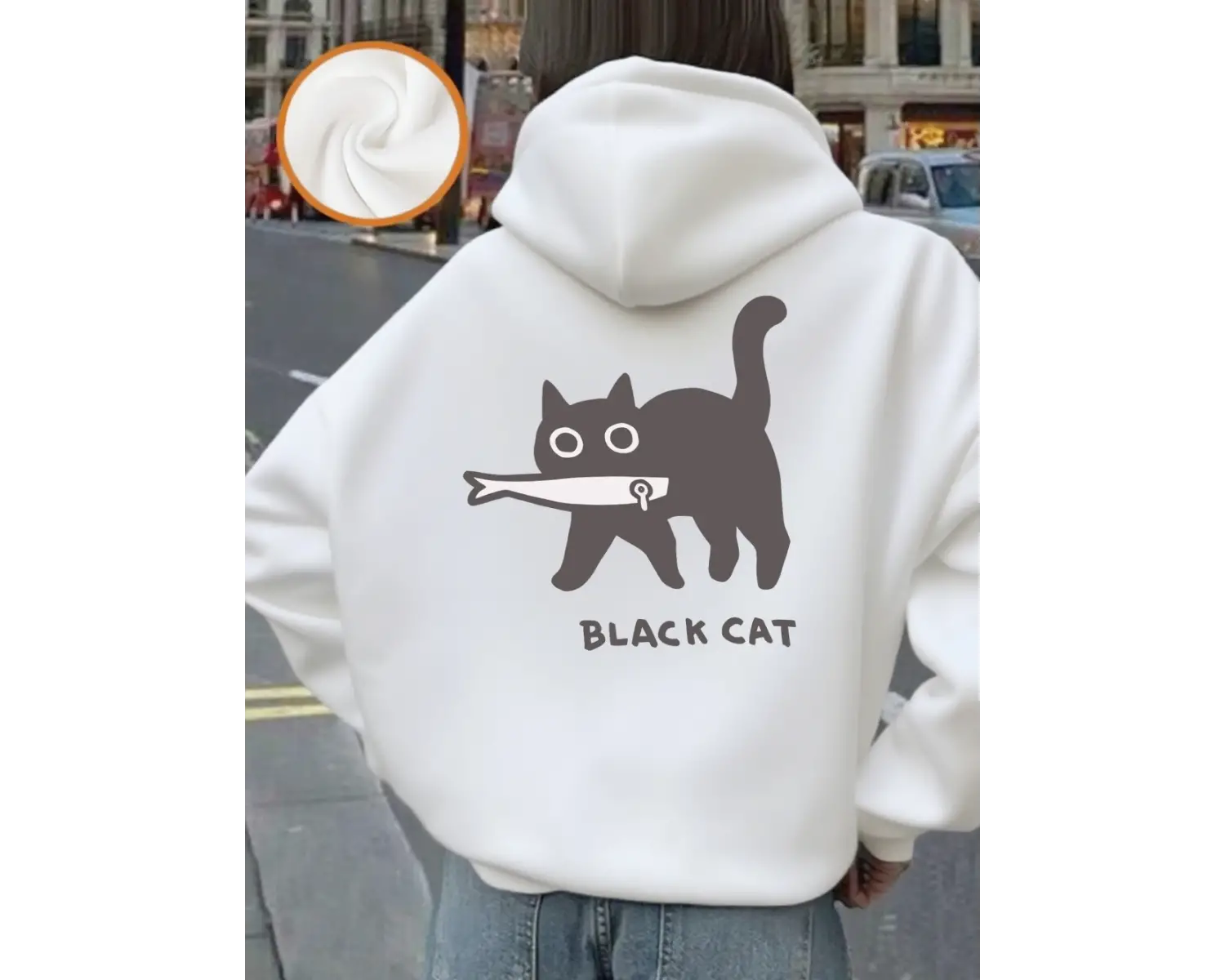 Karikatürler Siyah Kedi Baskılı Kapüşonlular Bayan Kış Polar Sıcak Tişörtü Rahat Gevşek Kazak