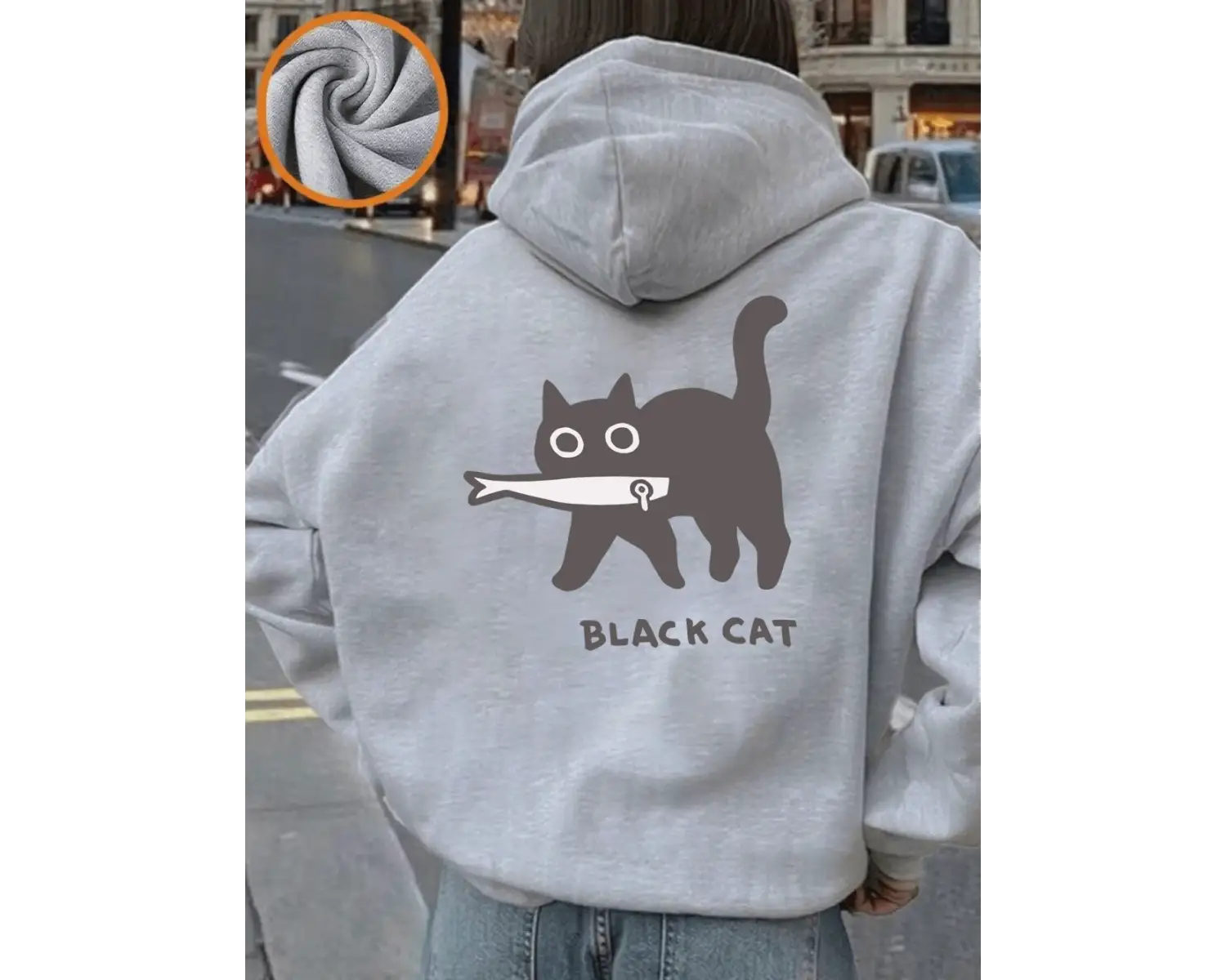 Karikatürler Siyah Kedi Baskılı Kapüşonlular Bayan Kış Polar Sıcak Tişörtü Rahat Gevşek Kazak