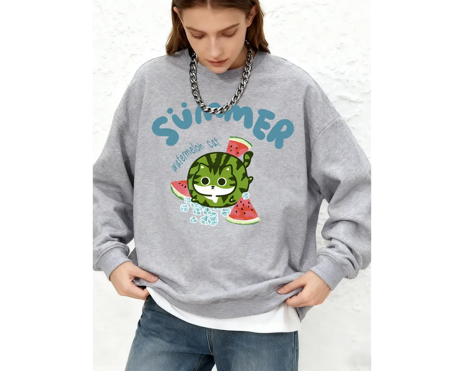 Karpuz Kedi Baskılı Kapüşonlu Üstler Bayanlar Kışlık Sıcak Uzun Kollu Sweatshirtler Günlük Jo