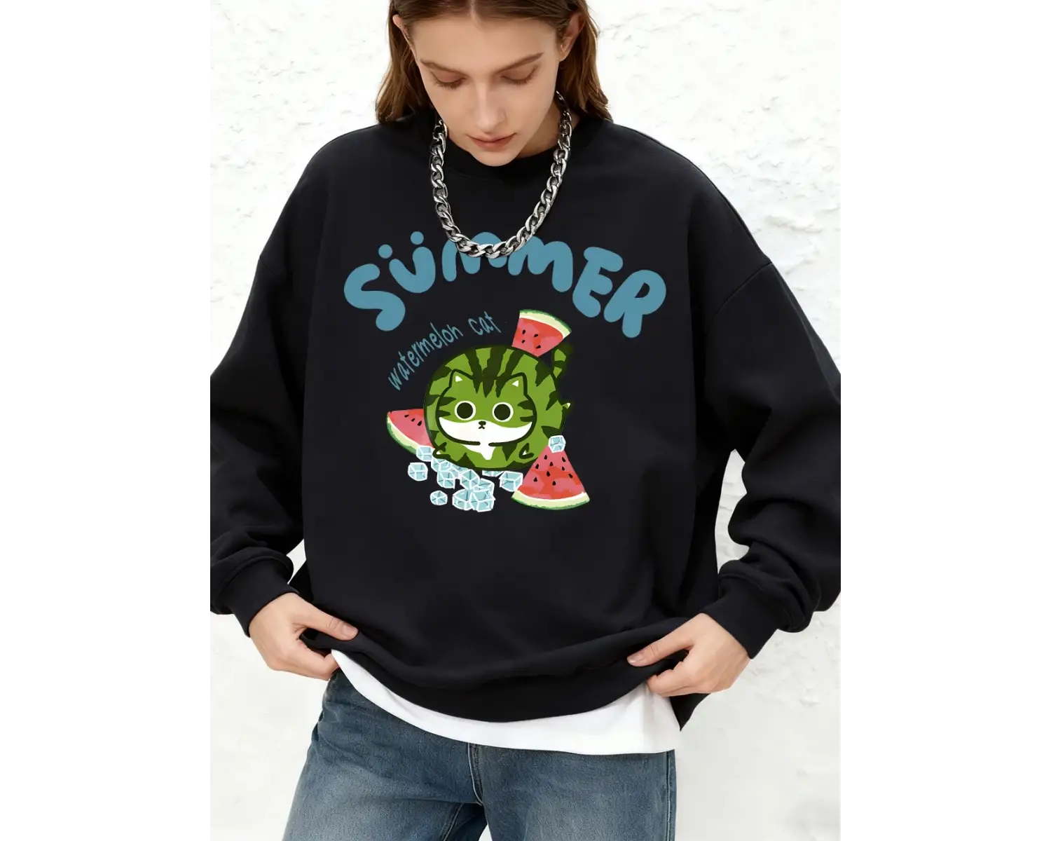 Karpuz Kedi Baskılı Kapüşonlu Üstler Bayanlar Kışlık Sıcak Uzun Kollu Sweatshirtler Günlük Jo