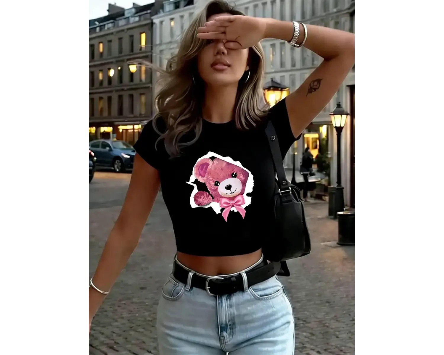 Kawaii Pembe Ayıcık Desenli Fiyonklu Kadın Babby TeeTişörtleri Yazlık Yumuşak Yüksek Esnek Üstler