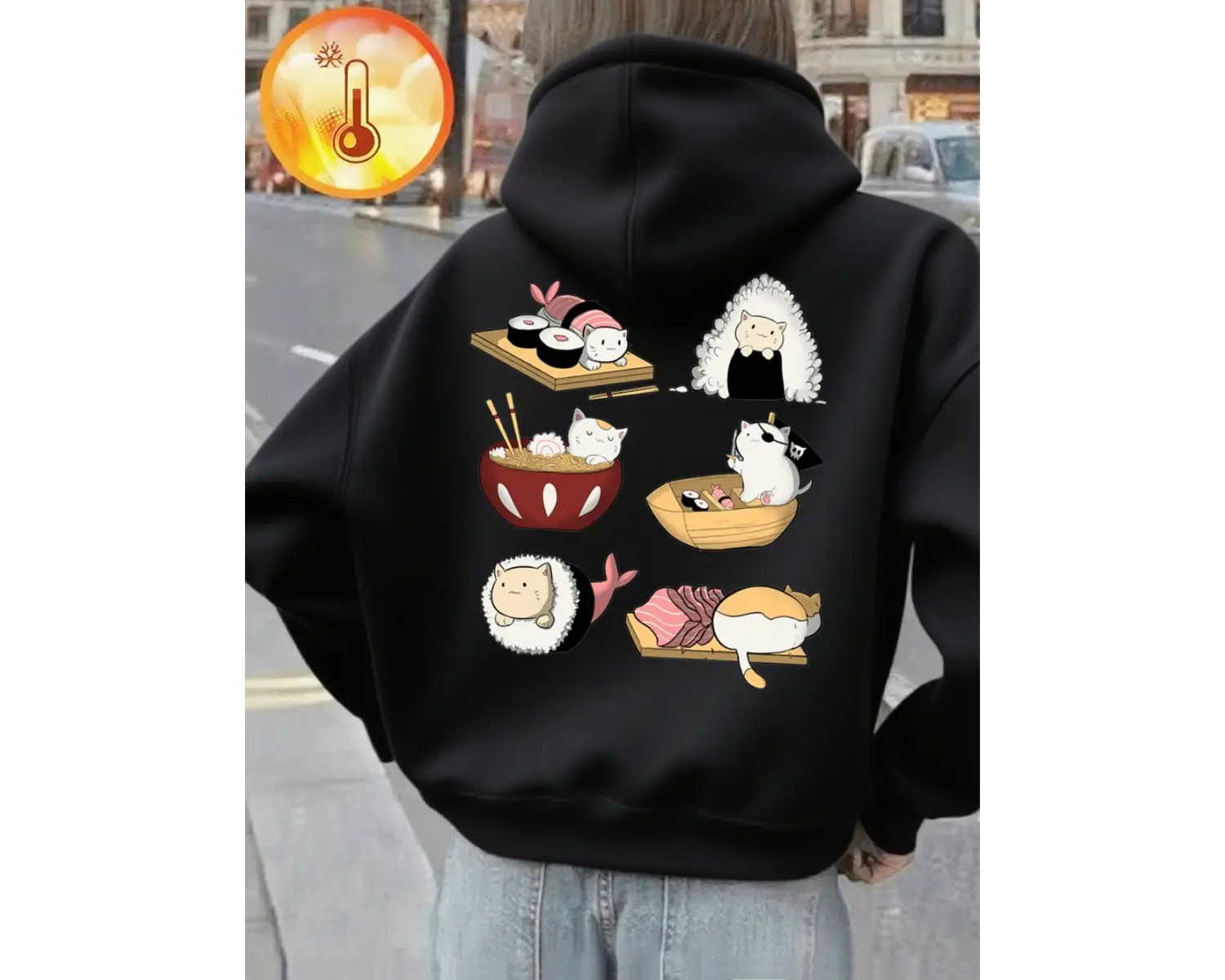 Kawaii Suşi Kediler Baskı Kapüşonlular Bayanlar Rahat Gevşek Tişörtü Kış Polar Sıcak Kazaklar