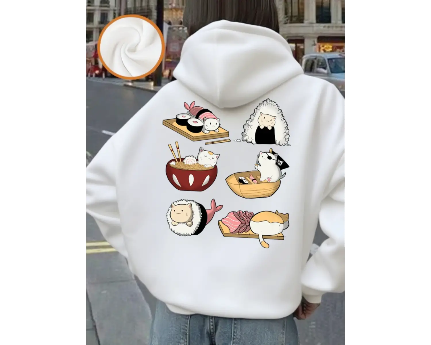 Kawaii Suşi Kediler Baskı Kapüşonlular Bayanlar Rahat Gevşek Tişörtü Kış Polar Sıcak Kazaklar