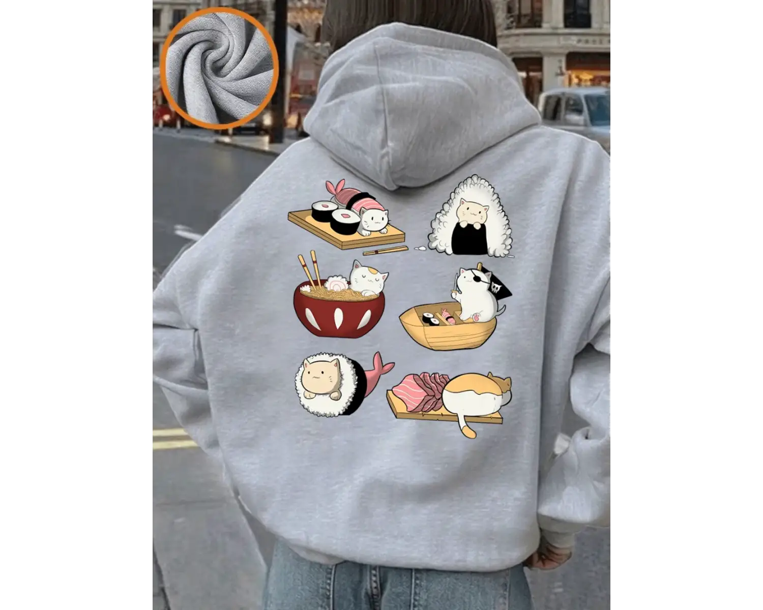 Kawaii Suşi Kediler Baskı Kapüşonlular Bayanlar Rahat Gevşek Tişörtü Kış Polar Sıcak Kazaklar