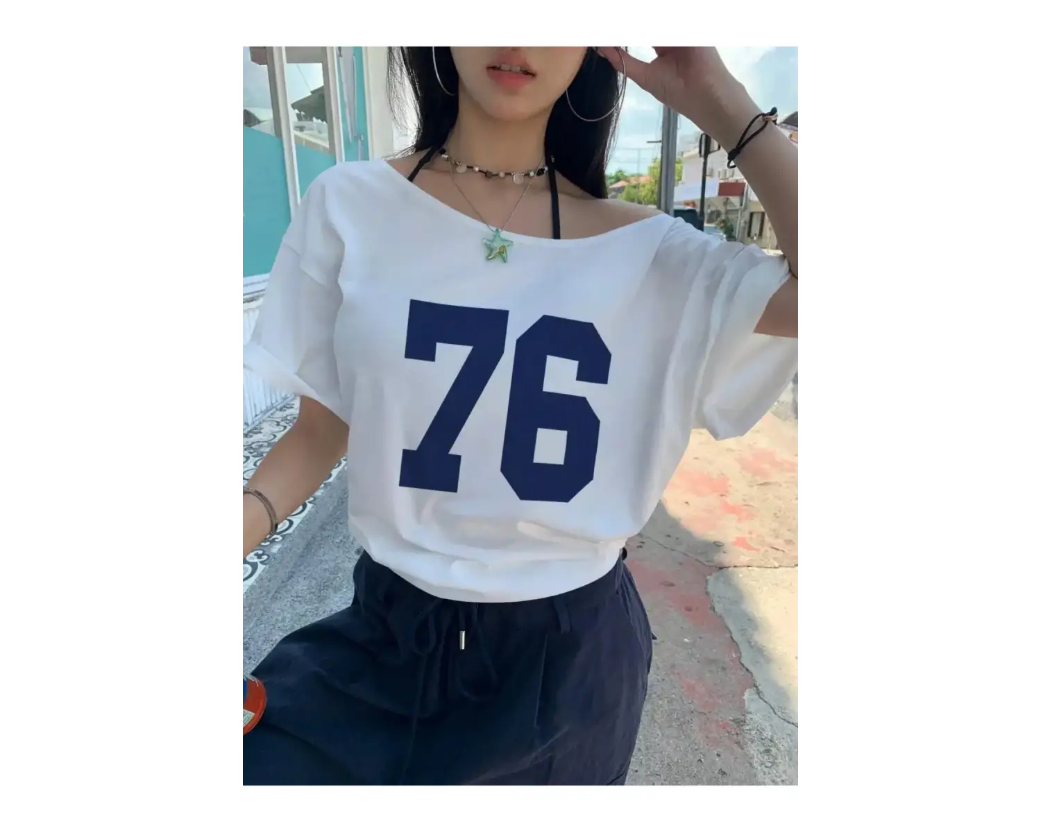 Kayık Yaka 76 Baskılı Oversize %100 Pamuk