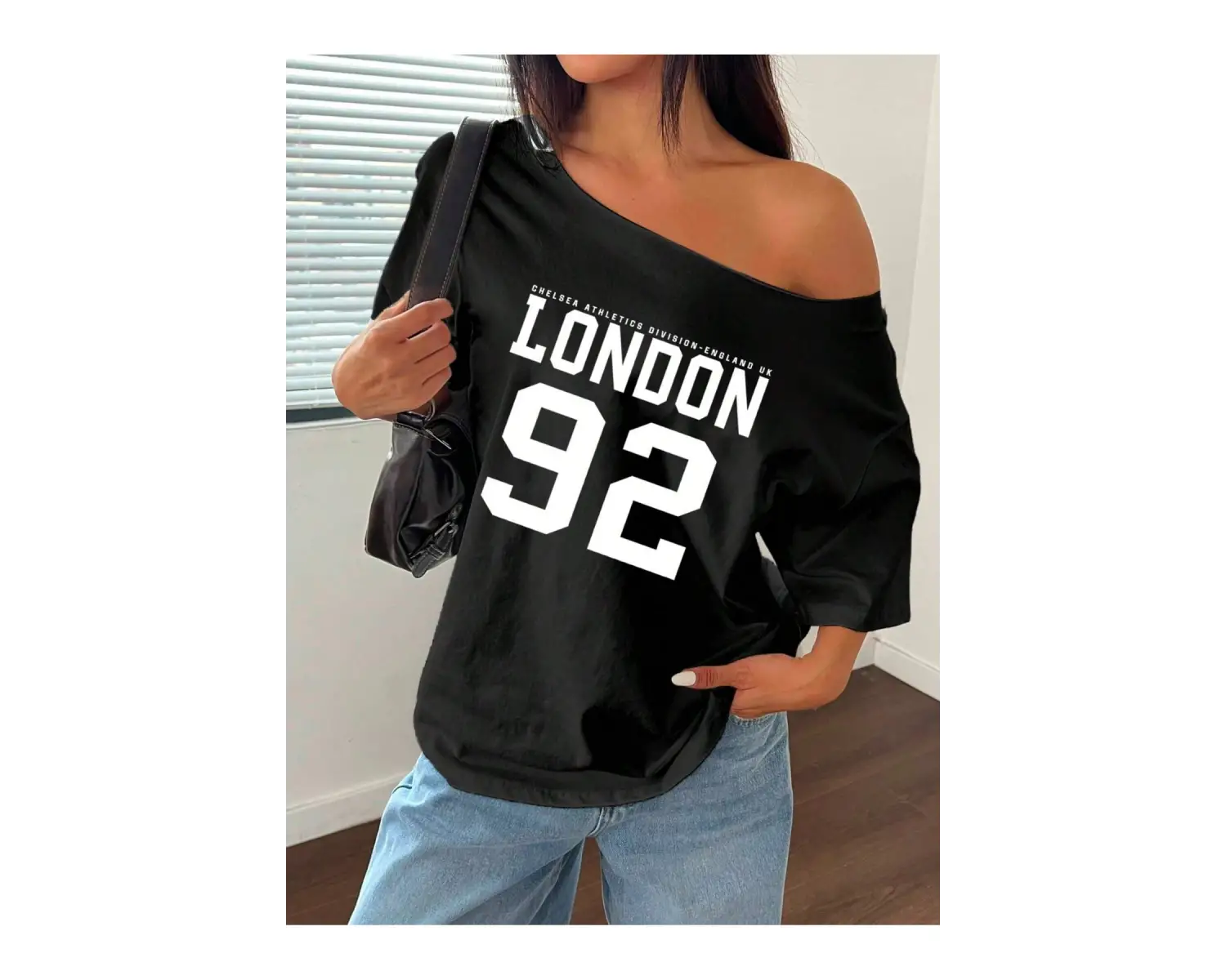 Kayık Yaka 76 Baskılı Oversize %100 Pamuk