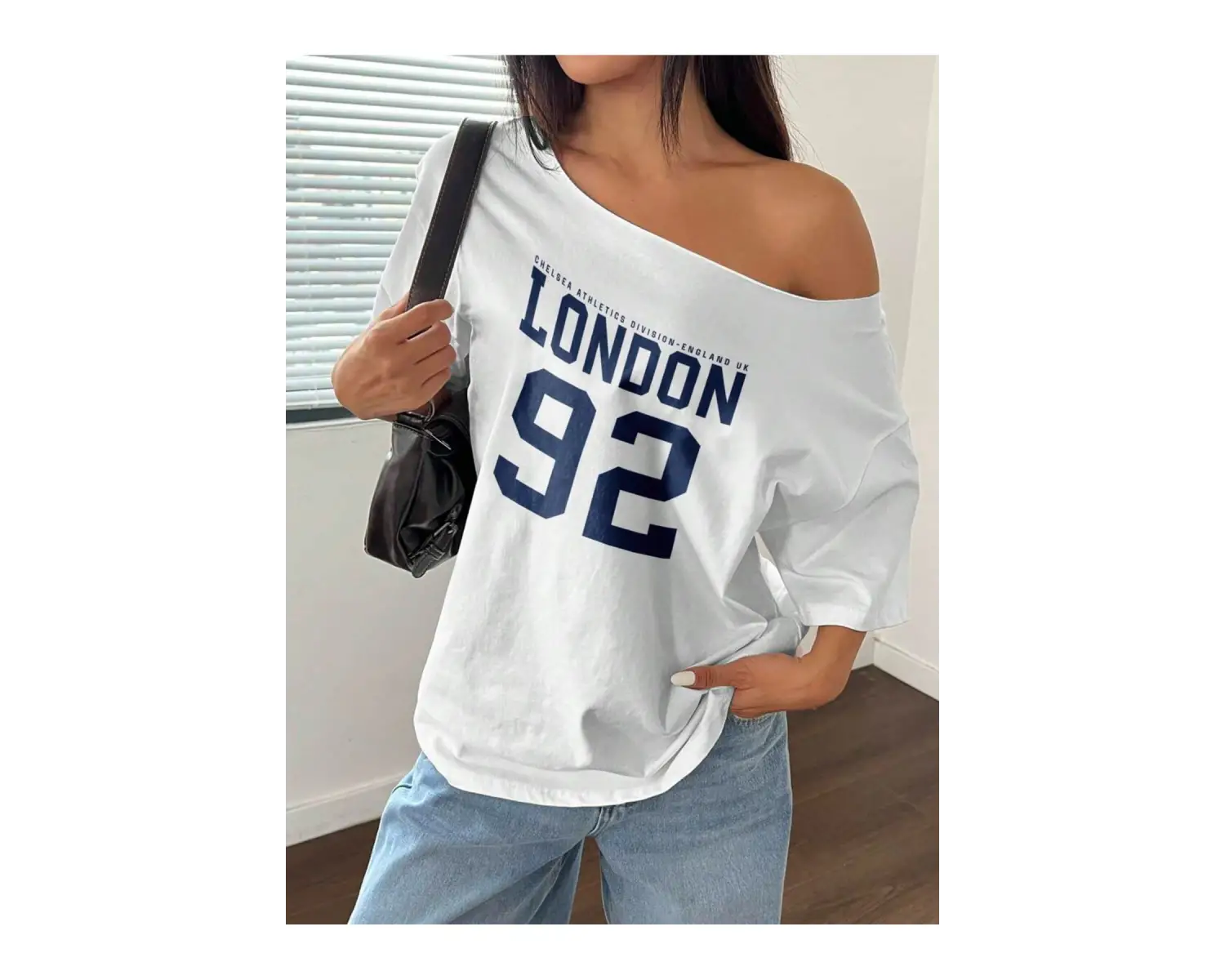 Kayık Yaka 76 Baskılı Oversize %100 Pamuk