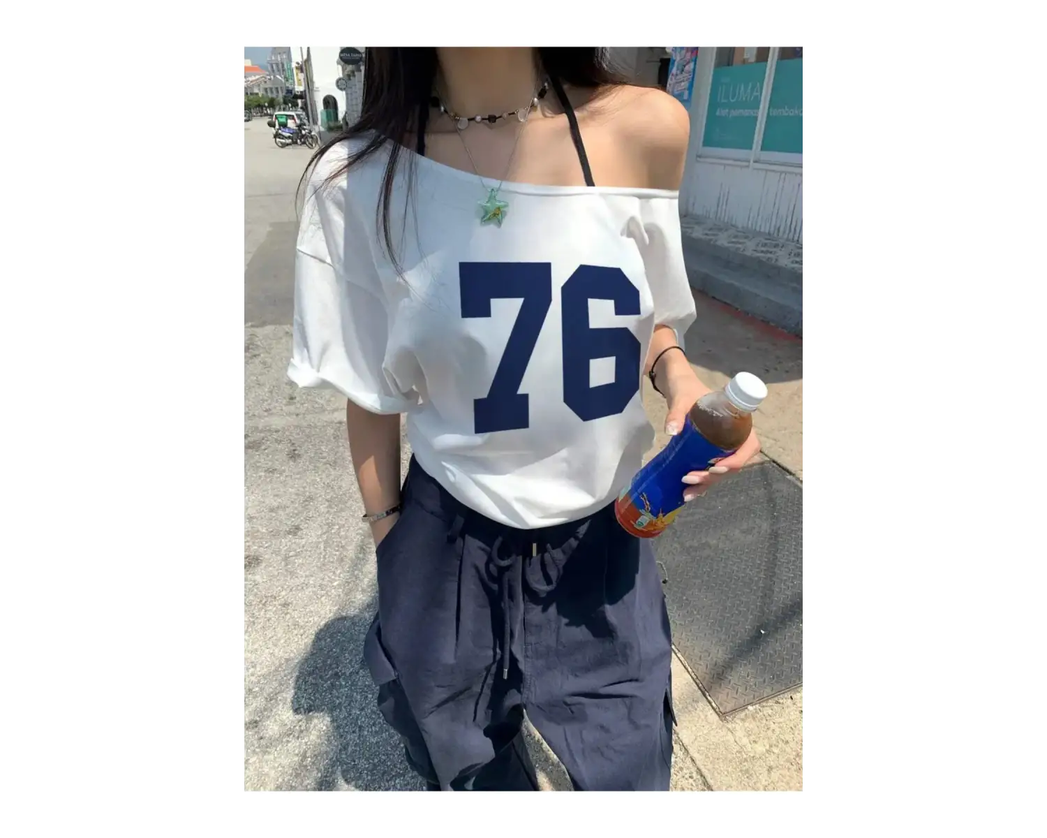 Kayık Yaka 76 Baskılı Oversize %100 Pamuk