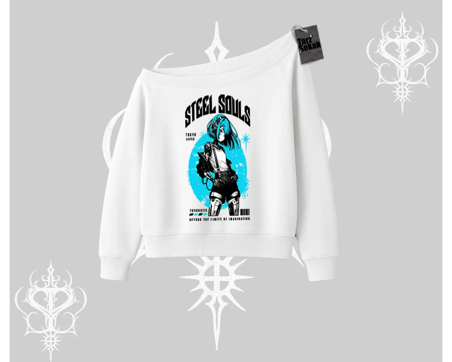 Kayık Yaka Sweatshirt Anime Cyberpunk Kız Baskılı