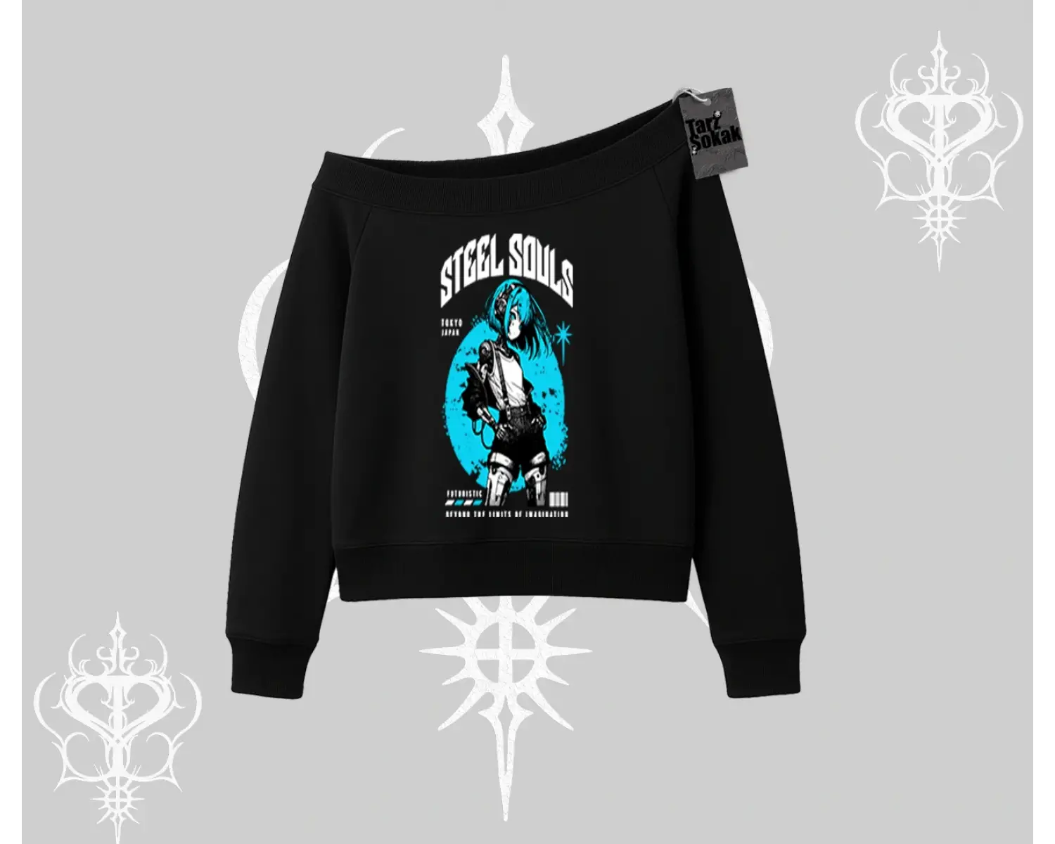 Kayık Yaka Sweatshirt Anime Cyberpunk Kız Baskılı