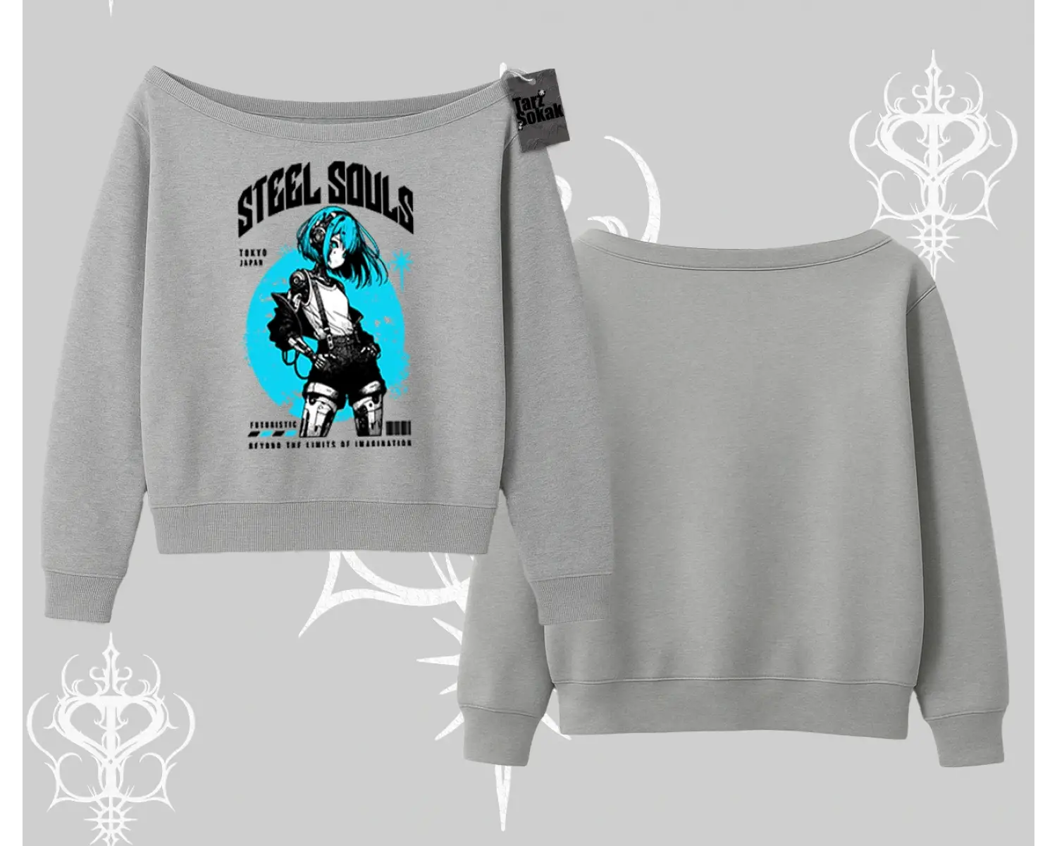 Kayık Yaka Sweatshirt Anime Cyberpunk Kız Baskılı