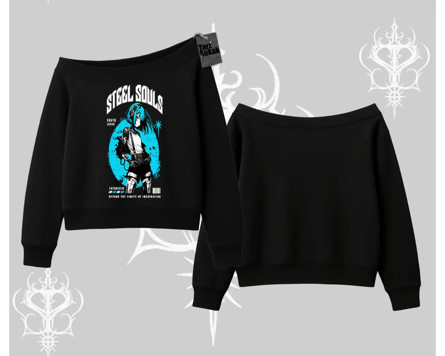 Kayık Yaka Sweatshirt Anime Cyberpunk Kız Baskılı