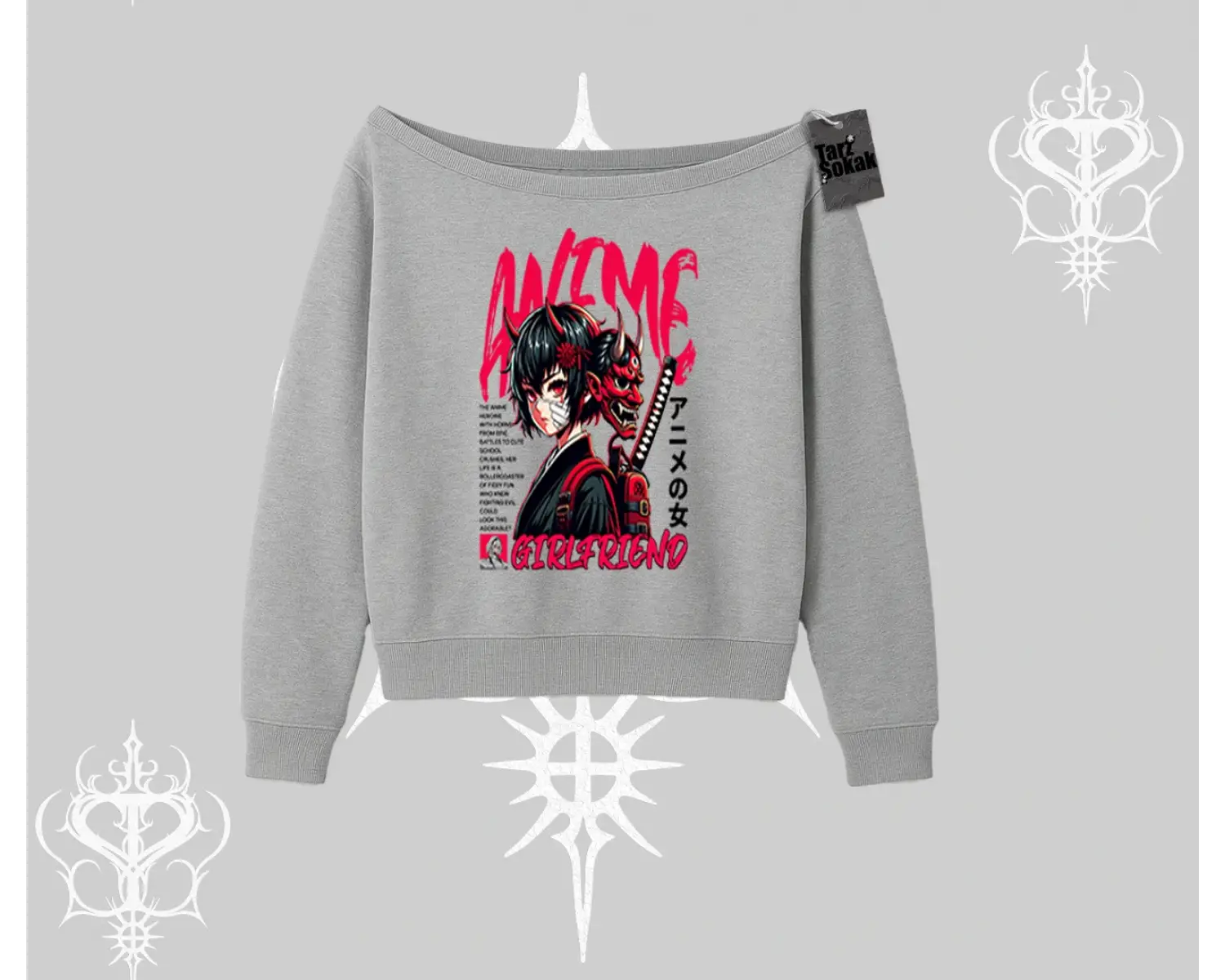 Kayık Yaka Sweatshirt Anime Girlfriend Kırmızı