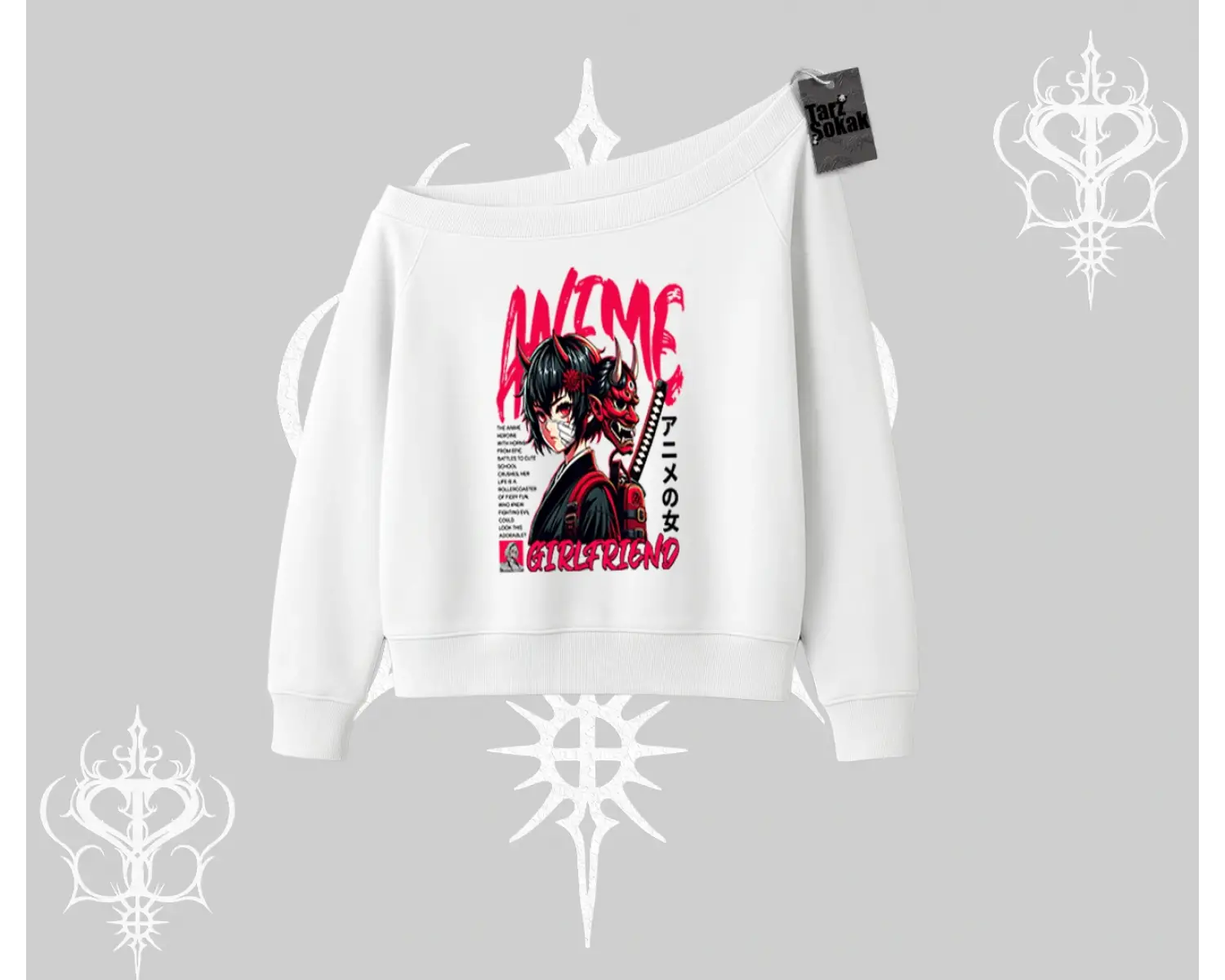 Kayık Yaka Sweatshirt Anime Girlfriend Kırmızı