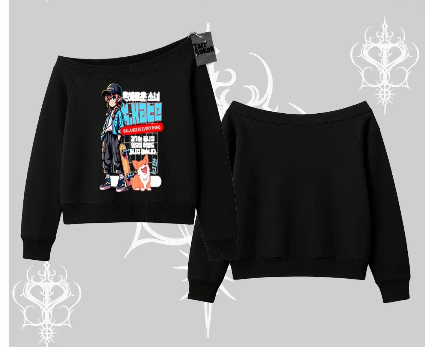 Kayık Yaka Sweatshirt Anime Hiker Girl Balance Is Everything Baskılı