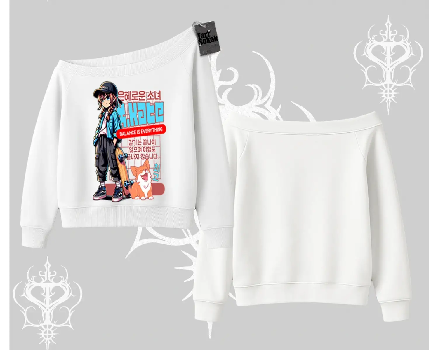 Kayık Yaka Sweatshirt Anime Hiker Girl Balance Is Everything Baskılı